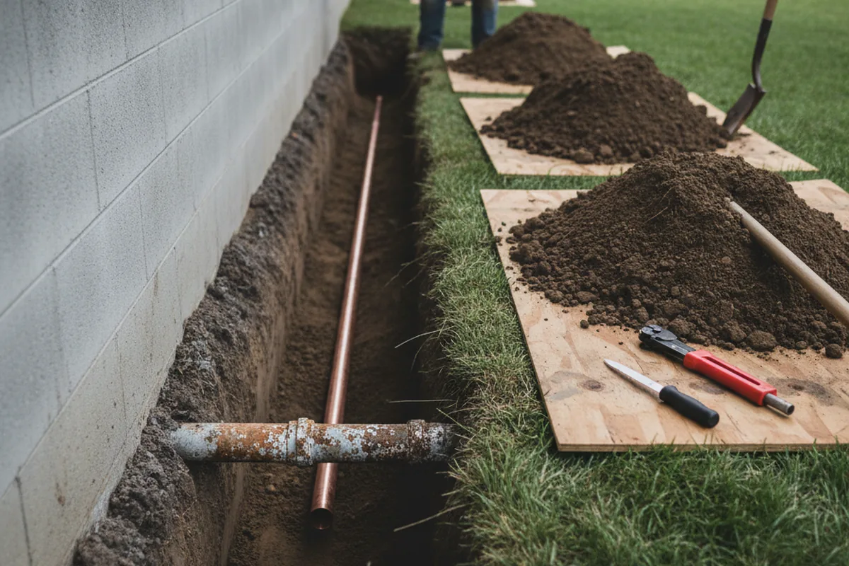 Excavated water line trench during Sewer Line Repair in Weatherby